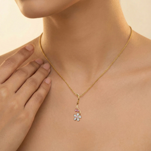 Women's 18K Gold Plated Flower Pendant <b>Necklace</b> With Diamond And Pink Gemstone Round Brilliant Cut Everyday Wear - Product Image 3