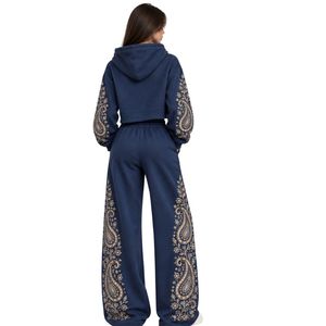 <b>Navy</b> Blue <b>Womens</b> Paisley Print Cropped <b>Hoodie</b> Wide Leg Pants Set Casual Streetwear Two Piece Tracksuit Lounge Outfit Winter Warm - Product Image 3