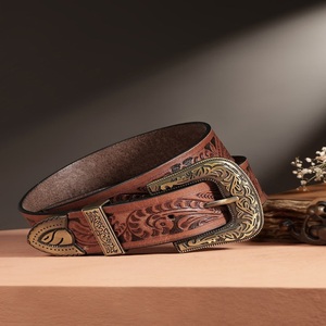 Hot Sale Wholesale Retro Style Cowhide Hand Carved Floral Embossed Top Grain Western <b>Leather</b> Tooling <b>Belt</b> for Unisex - Product Image 4