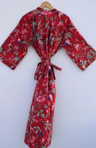 Robe kimono imprimée oiseaux rouges pour femme, 100 % coton, col en V, tenue d'été décontractée, paréo de plage, kimono de style japonais - Product Image 3