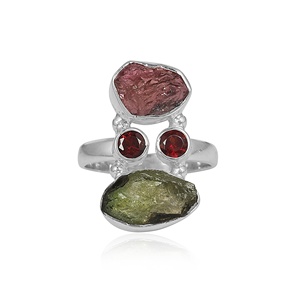 Natural Tourmaline & <b>Garnet</b> Bezel Setting 925 Sterling <b>Silver</b> Statement <b>Ring</b> Handmade Rough Gemstone Jewelry Wholesale - Product Image 1