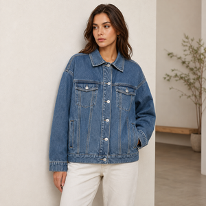 <b>Custom</b> Unisex Washed Blue Cotton <b>Denim</b> Genuine Leather Shell Eco-Friendly Vintage Casual Button Front Spring Streetwear <b>Jacket</b> - Product Image 5