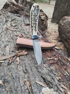 Drop Point Hunting Knife Stainless Steel Blade 0.6mm Antler Handle <b>Leather</b> Sheath Outdoor <b>Tool</b> - Product Image 6