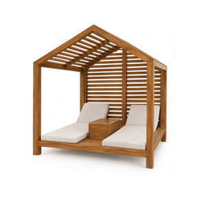 Lit de repos double en teck massif pour piscine, chaise longue d'extérieur avec auvent, mobilier de jardin pour hôtel et resort - Product Image 1