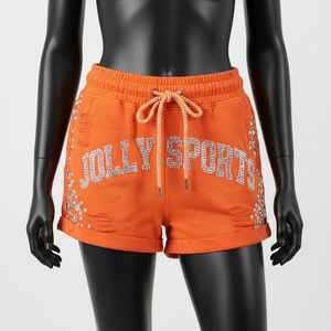 Shorts de mujer de felpa de algodón y poliéster premium, estilo desgastado, con pedrería y logotipo personalizado por transferencia térmica. - Product Image 6