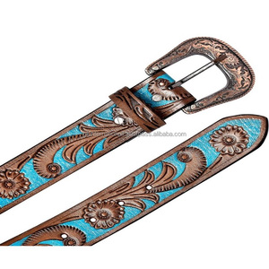 100% ceinture d'outillage à la main en cuir occidental véritable saphir peinture à la main motif de feuille ceinture de cowboy en relief au meilleur prix toutes les tailles - Product Image 6