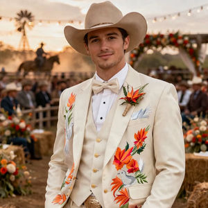 Costume de smoking beige brodé pour homme avec motif d'oiseaux et de fleurs – Blazer de cérémonie pour marié, costume 3 pièces - Product Image 1