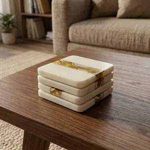 Square Stone <b>Coasters</b> with <b>Gold</b> Inlay Non-Slip Modern Table Mats for Home Office Decor - Product Image 4