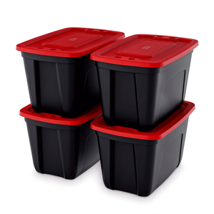 Set di 4 Contenitori di Plastica Impilabili da 18 Galloni con Coperchi Rossi e Corpo Nero per Organizzazione e Praticità - Product Image 1
