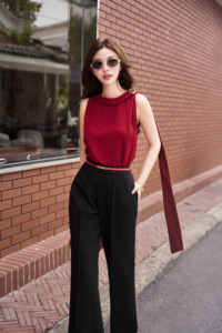 Women's <b>Red</b> Sleeveless <b>Scarf</b> Panel Blouse Metal Shoulder Detail Elegant Draped Top Polyester Spandex MIRVEN - Product Image 3