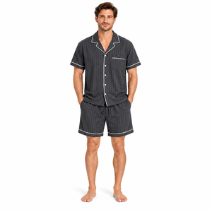 <b>Men</b> Striped Knitted Polyester Casual <b>Pajama</b> <b>Set</b> <b>Short</b> Sleeve Button Sleepwear Summer Cool Loungewear Matching Lounge <b>Shorts</b> Dark - Product Image 1