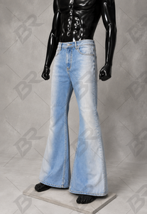 Medium Wash Breathable Lightweight <b>Flare</b> <b>Jeans</b> <b>Men</b> High Waist Loose Fit Vintage Bell Bottom Woven Denim Pants Casual Streetwear - Product Image 3