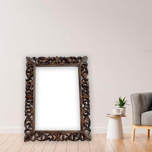 Hand Carved Wooden <b>Wall</b> <b>Mirror</b> Frame Brown Finish Rectangular <b>Hanging</b> <b>Mirror</b> Frame for Vertical or Horizontal Display Home - Product Image 2