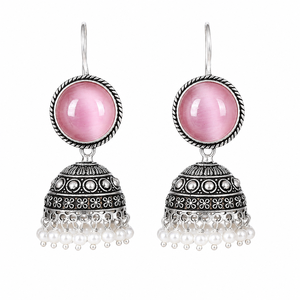 Pendientes Jhumka de Latón Rosa con Piedra Monalisa, Plata Oxidada, Perlas de Imitación Hechas a Mano, Estilo Étnico Indio Bohemia para Boda, Venta al por Mayor - Product Image 1