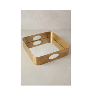 Luxury Antique Gold Vanity <b>Tray</b> Square Brass Finished Metal Decorative Organizer Platter with Reflective <b>Mirror</b> Base - Product Image 3