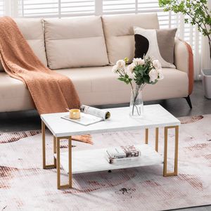 Table basse simple à double couche en tuyau de fer doré 106 x 50 x 48 cm rectangulaire avec plateau en PVC imitation marbre - Product Image 2