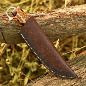 Hand Forged Damascus Steel Skinner Knife Pine Cone Handle Full Tang Fixed Blade Finger Ring Knife with <b>Leather</b> Sheath Custom OEM - Product Image 5