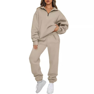 Women's Oversized Black Knitted Sweatshirt Set <b>Drop</b>-Shoulder Full Sleeve <b>Stand</b> Collar Zipper Joggers Autumn Wear - Product Image 3