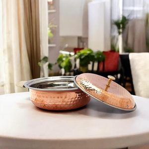 Hammered <b>Copper</b> Serving Dish with Lid Brass <b>Knob</b> Handle Stainless Steel Lining Handcrafted Tableware - Product Image 4