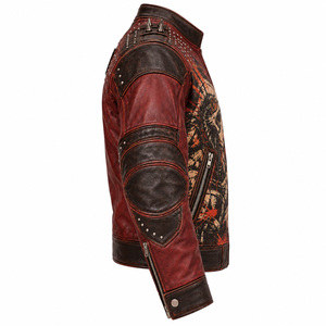 Blouson en cuir rouge vieilli pour homme, style punk rock, avec motif loup, clouté et à pointes, veste de motard, production en gros sur mesure OEM ODM en usine - Product Image 3