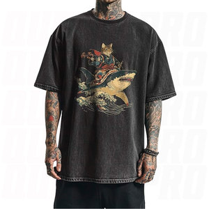 เสื้อยืดโอเวอร์ไซส์สีดำลายกราฟิกวินเทจแมวดำฉลามสำหรับผู้ชายและผู้หญิง สไตล์ลำลองสตรีทแวร์ ผ้าฝ้ายพรีเมียม - Product Image 1