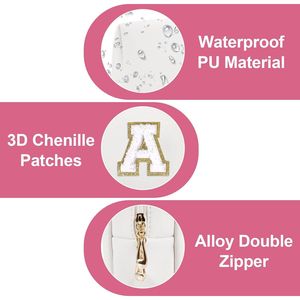 Borsa per il Trucco Personalizzata A-Z con Patch Preppy, Graziosa Pochette da Viaggio in PU Bianco con Lettere in Ciniglia, Astuccio con Cerniera e Iniziale - Product Image 5