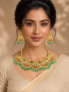 Conjunto de Collar Étnico Chapado en Oro con Rubíes y Piedras Verdes, Borla de Cuentas para Mujer, Joyería de Boda - Product Image 1