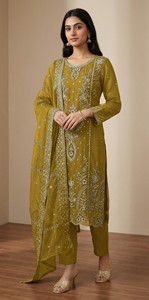 Traje de organza semicompuesto de Dhwaja Export con bordado de hilo y lentejuelas, estilo moderno para bodas y fiestas. - Product Image 4