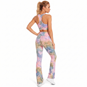 Women's Tie Dye Yoga Set Racerback Crop <b>Top</b> High Waist Flare <b>Leggings</b> 2 Piece Spandex Polyester Workout Wear Bra & <b>Leggings</b> Set - Product Image 3