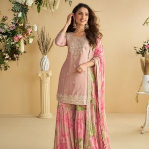 Ensemble palazzo rose en chinon brodé prêt-à-porter avec dupatta à imprimé numérique, entièrement cousu, par Royal Export - Product Image 1