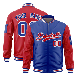 Custom Design Royal Blue-Red Sporty Varsity <b>Jacket</b> for Men Stand Collar Covered Button Closure Winter Bomber Style Front Logo - Product Image 3