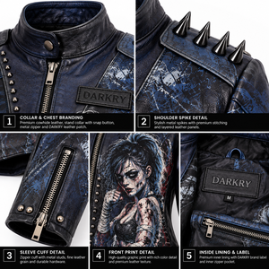<b>Navy</b> Blue <b>Women</b> Genuine Leather Biker Jacket Custom Fighter Girl Graphic Print Studded Placket Spiked Outerwear Factory - Product Image 6