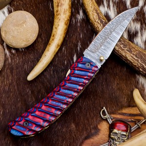 Couteau pliant tactique en acier Damas, manche en bois Pakka, étui de transport vertical, OEM/ODM personnalisé - Couteau de chasse EDC - Product Image 5