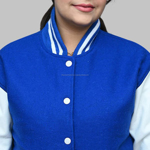 100% Corps en laine de cachemire et manches en cuir de vachette véritable Veste Letterman Varsity blanche et bleue - Product Image 5