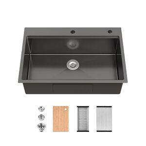 Fregadero de cocina de un solo tazón de 33x22 pulgadas, hecho a mano, de montaje sobre encimera, en acero inoxidable negro, con tabla de cortar y colador. No se envía con el producto. - Product Image 1