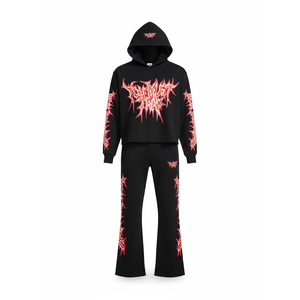 Ensemble de survêtement personnalisé pour hommes avec imprimé gothique, pantalon évasé et sweat à capuche, en molleton épais, marque privée, vente en gros - Product Image 2