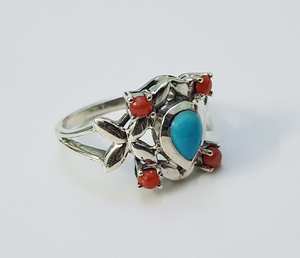 Turquoise Coral <b>Ring</b> 925 Sterling <b>Silver</b> Multi Stone Natural Gemstone Jewelry Handmade Gift For Women Elegant - Product Image 4