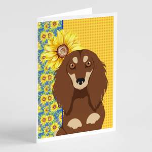 Summer Sunflowers Longhair Chocolate Cream Dachshund Tarjetas de felicitación Pack 8 Whimsical A7 Tamaño 5x7 Tarjetas de notas en blanco con sobres - Product Image 1