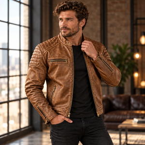<b>Genuine</b> Brown <b>Leather</b> Biker <b>Jacket</b> with Gold Zippers, Geprägte Herrenlederjacke in Creme mit goldenen Reißverschlüssen,For <b>Men</b> - Product Image 5