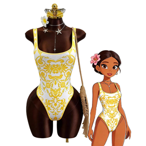 Women's <b>Yellow</b> Floral Printed Spandex/Polyester Elegant Skinny <b>Bodysuit</b> Sleeveless Square Neck Swimwear Tassel Decoration Summer - Product Image 5