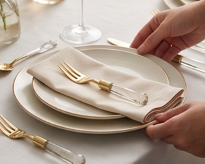 Ensemble de couverts en or de qualité supérieure avec poignées en acrylique transparent, compatibles lave-vaisselle, pour une table de mariage élégante - Product Image 3