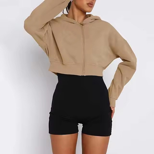 Sweat-shirt à capuche court beige pour femme, manches longues, couleur unie, tricoté en coton et fibre de bambou, coupe oversize à épaules tombantes, idéal pour l'automne - Product Image 3