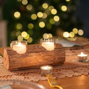 Rustic Wooden Log <b>Tealight</b> Candle <b>Holder</b> Decorative Table Centerpiece with Glass Votive Cups - Product Image 4
