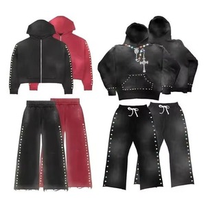Conjunto Deportivo de Dos Piezas para Hombre, Estilo Vintage, Sudadera Holgada con Efecto Desgastado, Pantalones Deportivos Holgados, Algodón Grueso, Moda Urbana Informal - Product Image 1