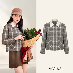 Chaqueta Elegante a Cuadros para Mujer, con Cuello en Contraste Desmontable, Manga Larga, Estilo Shacket, Otoño Invierno, Diseño Personalizado SELENE - Product Image 1