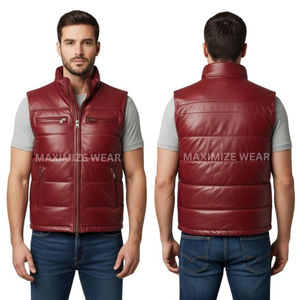 <b>Men's</b> <b>Red</b> PU Leather Stand Collar Puffer <b>Vest</b> With Zipper Closure Windproof Casual Winter Outerwear 100% Polyester - Product Image 4