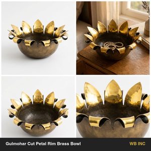 Bol décoratif en laiton antique fait main WB Inc India, 22 cm, bord découpé en forme de douze pétales de Gulmohar, pour la décoration de la maison, les hôtels et les mariages - Product Image 6