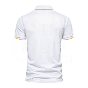 Men's White Short Sleeve <b>Polo</b> <b>Shirt</b> With Yellow And Navy <b>Blue</b> Geometric Stripe Zipper Casual Knitted Design Regular Fit - Product Image 2