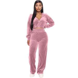 Ensemble de survêtement personnalisé pour femme en velours et velours côtelé, avec veste courte à fermeture éclair et poches, et pantalon de jogging - Product Image 2