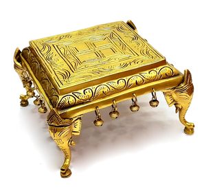 Decorative Brass <b>Mandir</b> Chowki Peetha <b>Pooja</b> Stool with Elephant Pillars Ghungroo Design 9 x 9 Inch Traditional Temple Decor - Product Image 1